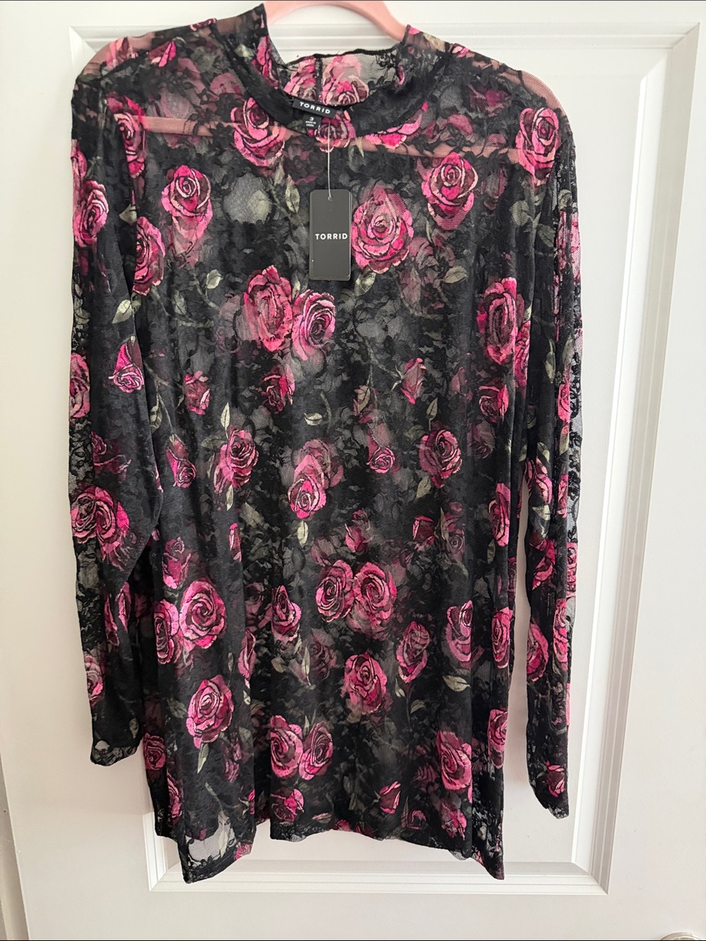 torrid Black Sheer Mesh Top with Pink Rose Print